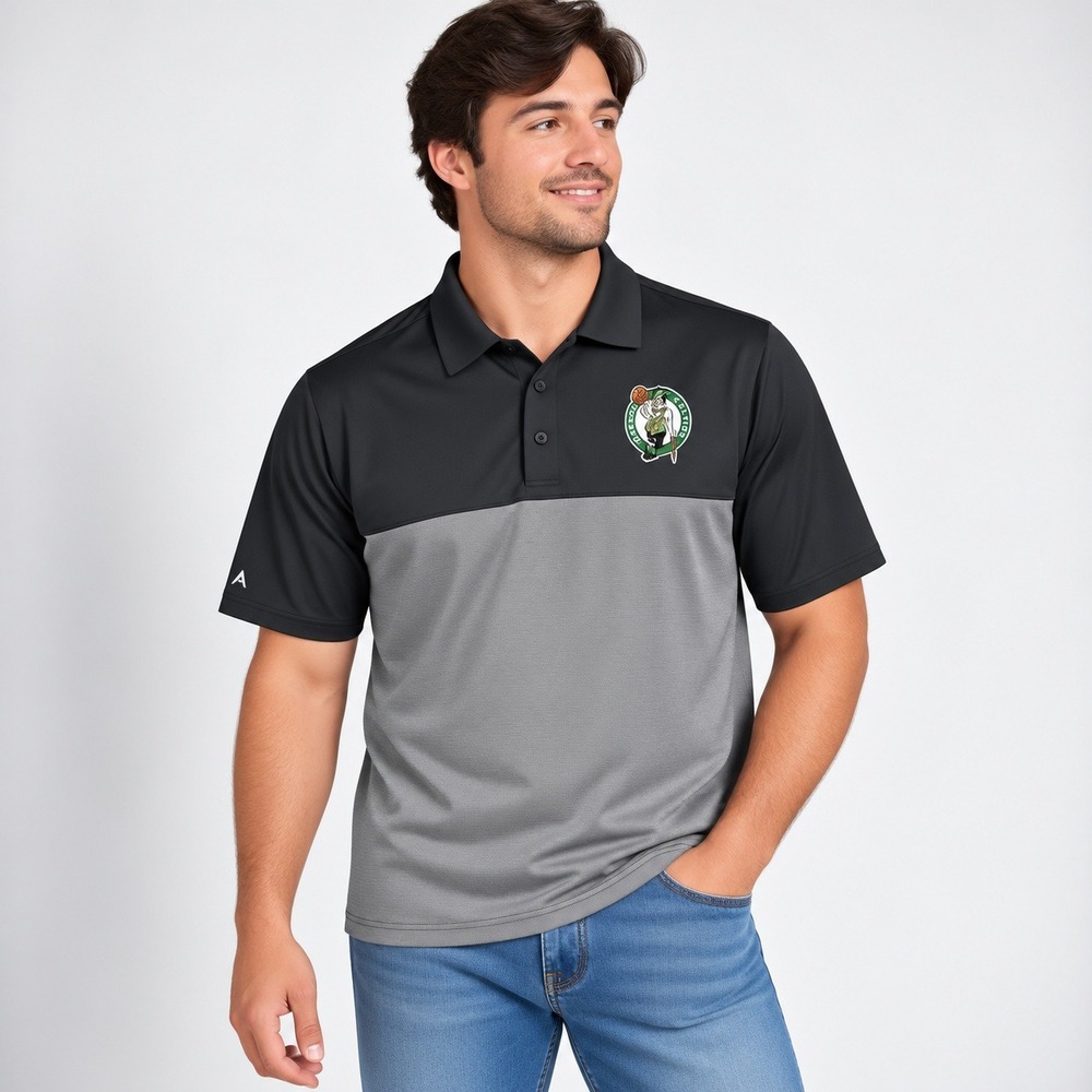 Antigua Boston Celtics Polo Men XL Black Grey Colorblock Striped Embroidered NBA